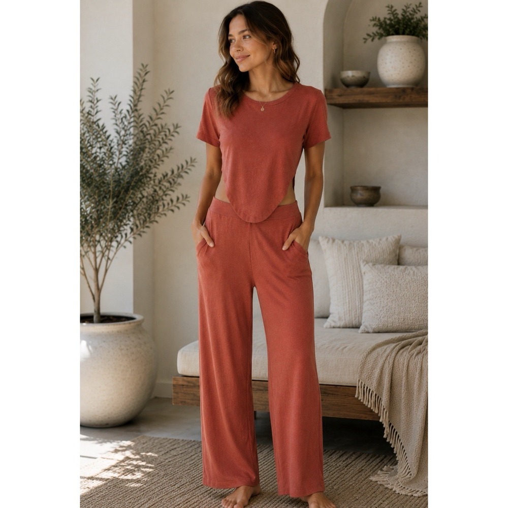 Better Be Womens Wide Leg Ribbed‎ Jumpsuit Size M Rust Casual Loungewear Comfort